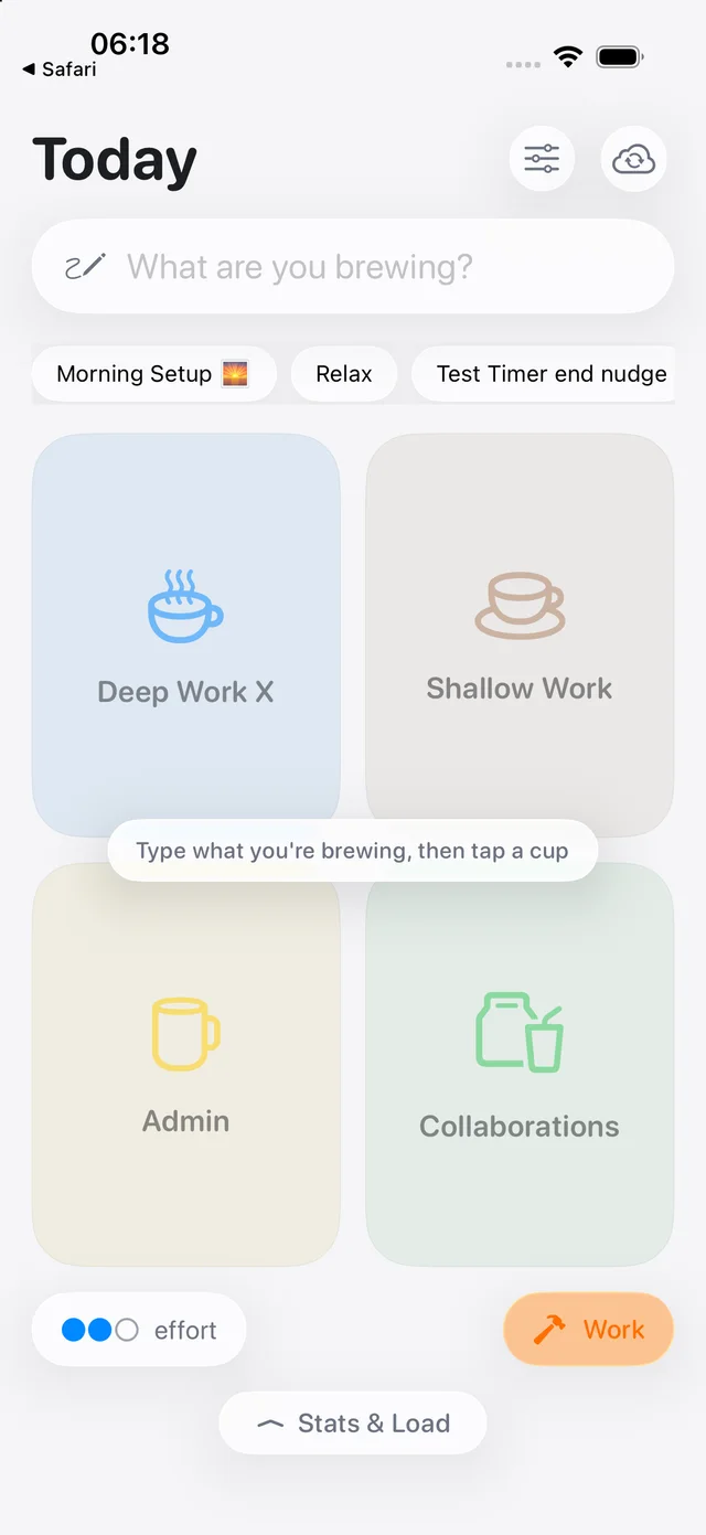 The FOS iOS companion, real build: Today screen with a 'What are you brewing?' field, ritual chips, and the four cups — Deep Work, Shallow Work, Admin, Collaborations