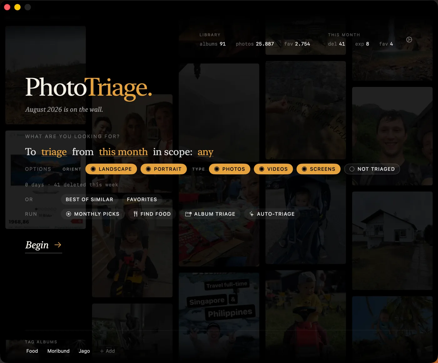 PhotoTriage landing screen on macOS: the scope sentence 'To triage from this month in scope: any' over a drifting mosaic of library photos, with filter chips for landscape and portrait orientation, photos, videos and screenshots, and a Not-triaged toggle, plus rows for Best of similar, Favorites, Monthly picks, Find food, Album triage and Auto-triage