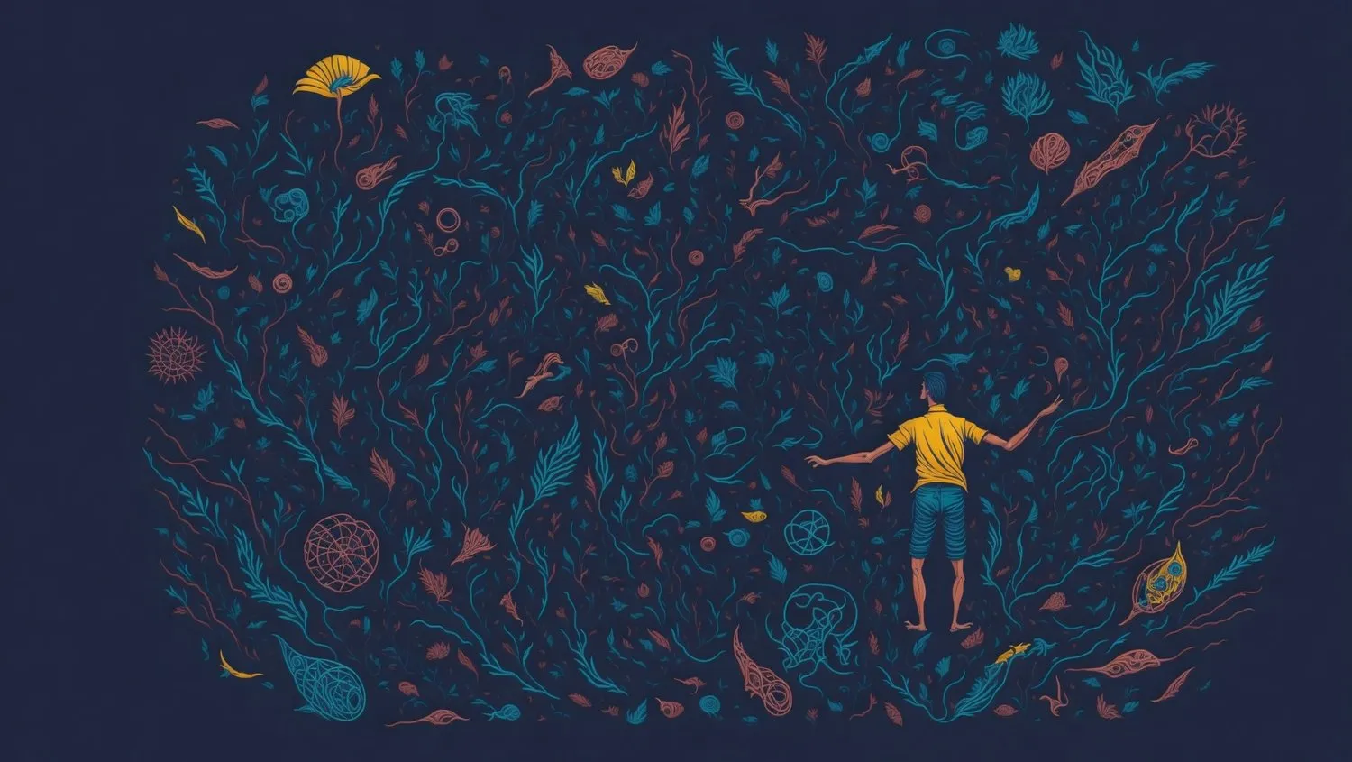 An illustration of a person reaching into a dense field of dreamlike flora on a deep-blue background