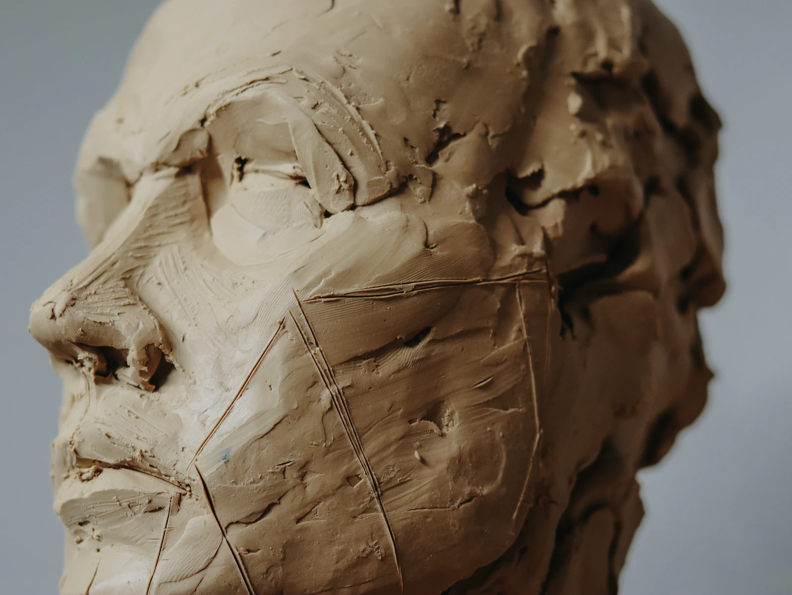 A finished clay sculpture of a human head, seen in profile