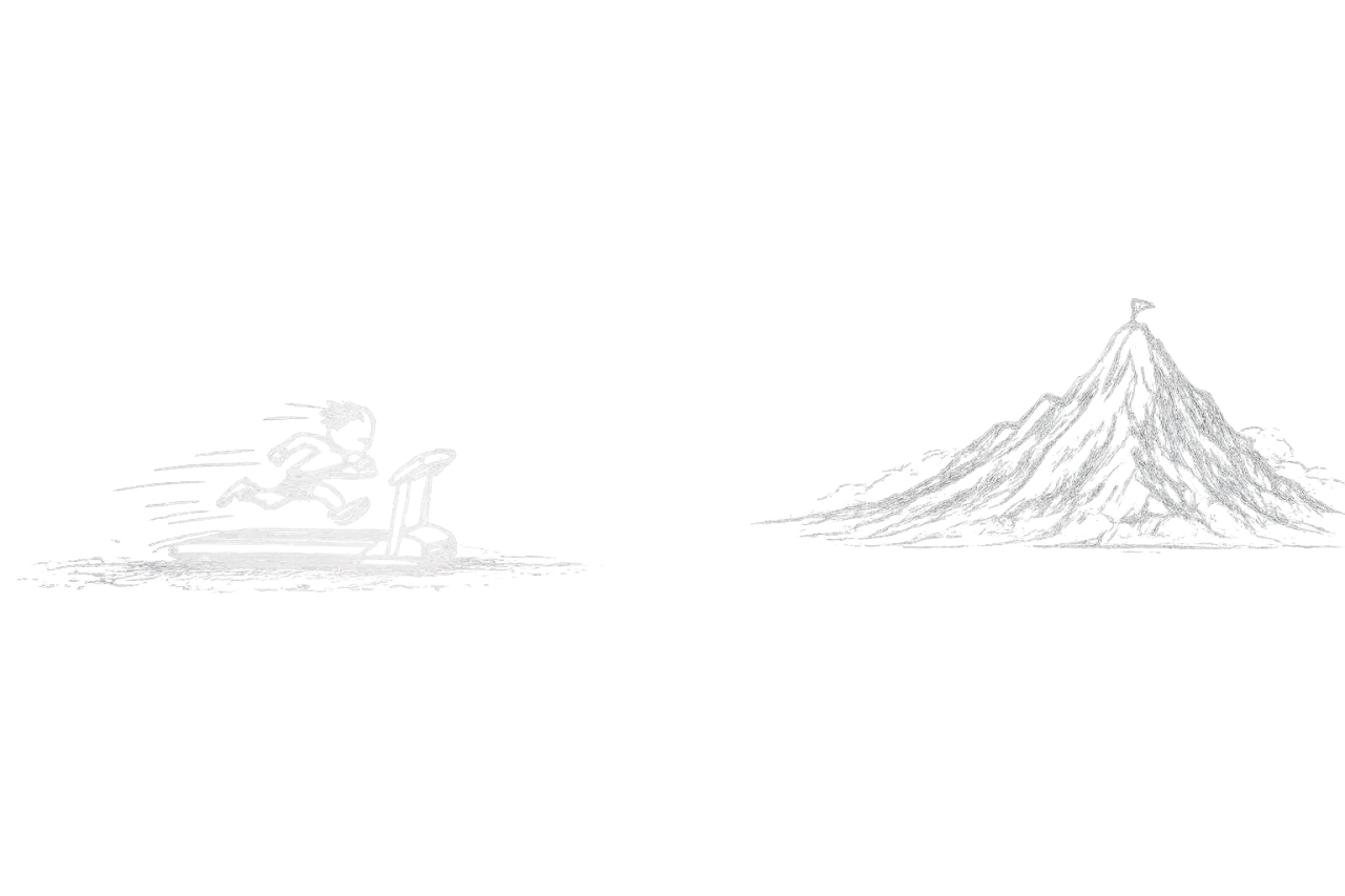 Sketch of a person sprinting on a treadmill while a distant mountain with a summit flag stays out of reach