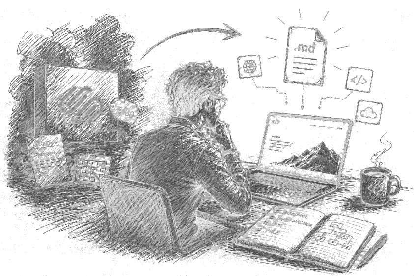 Sketch: leaving the 180€ Squarespace invoice behind — a laptop, markdown files, and a checklist: markdown, light and dark mode, fast, free.