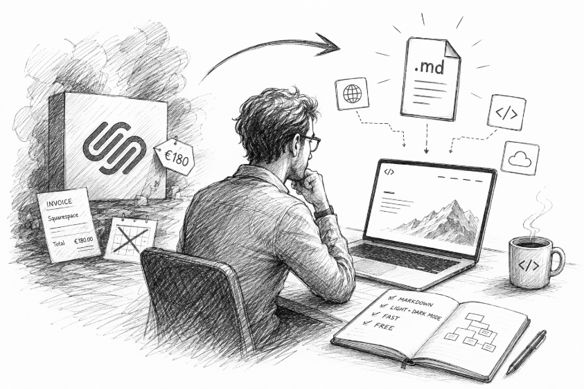 Sketch: leaving the 180€ Squarespace invoice behind — a laptop, markdown files, and a checklist: markdown, light and dark mode, fast, free.